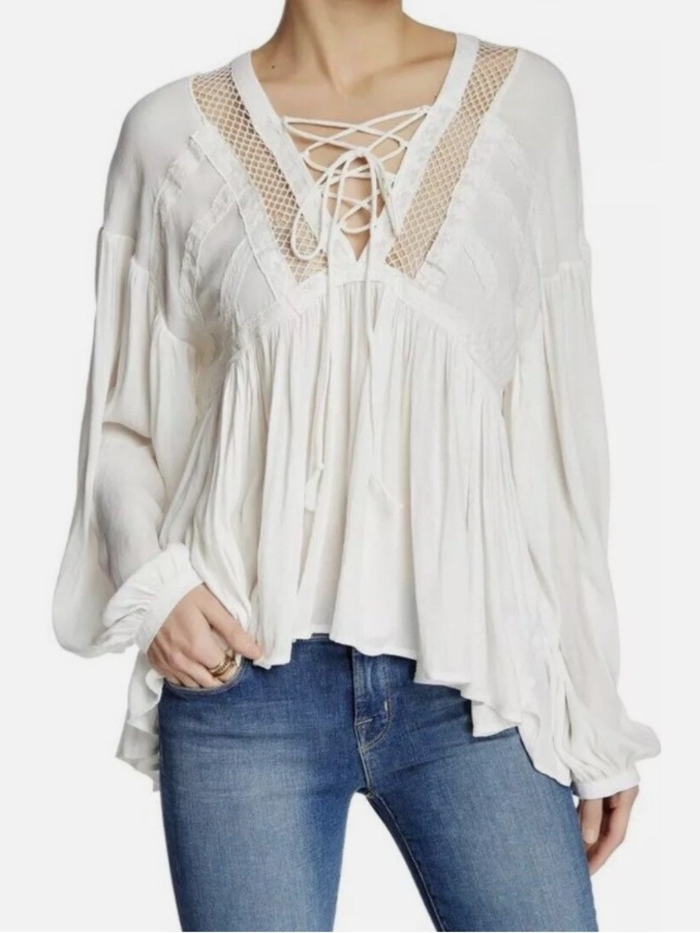 Rare Free People Cream Lace-Up Blouse